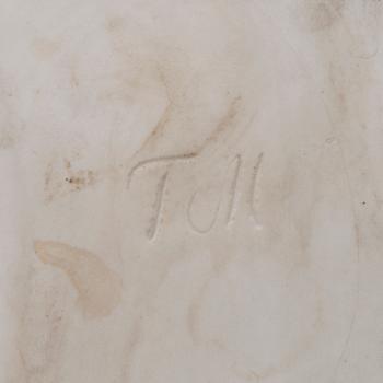 A mid-20th century glazed ceramic dish, signed TM.