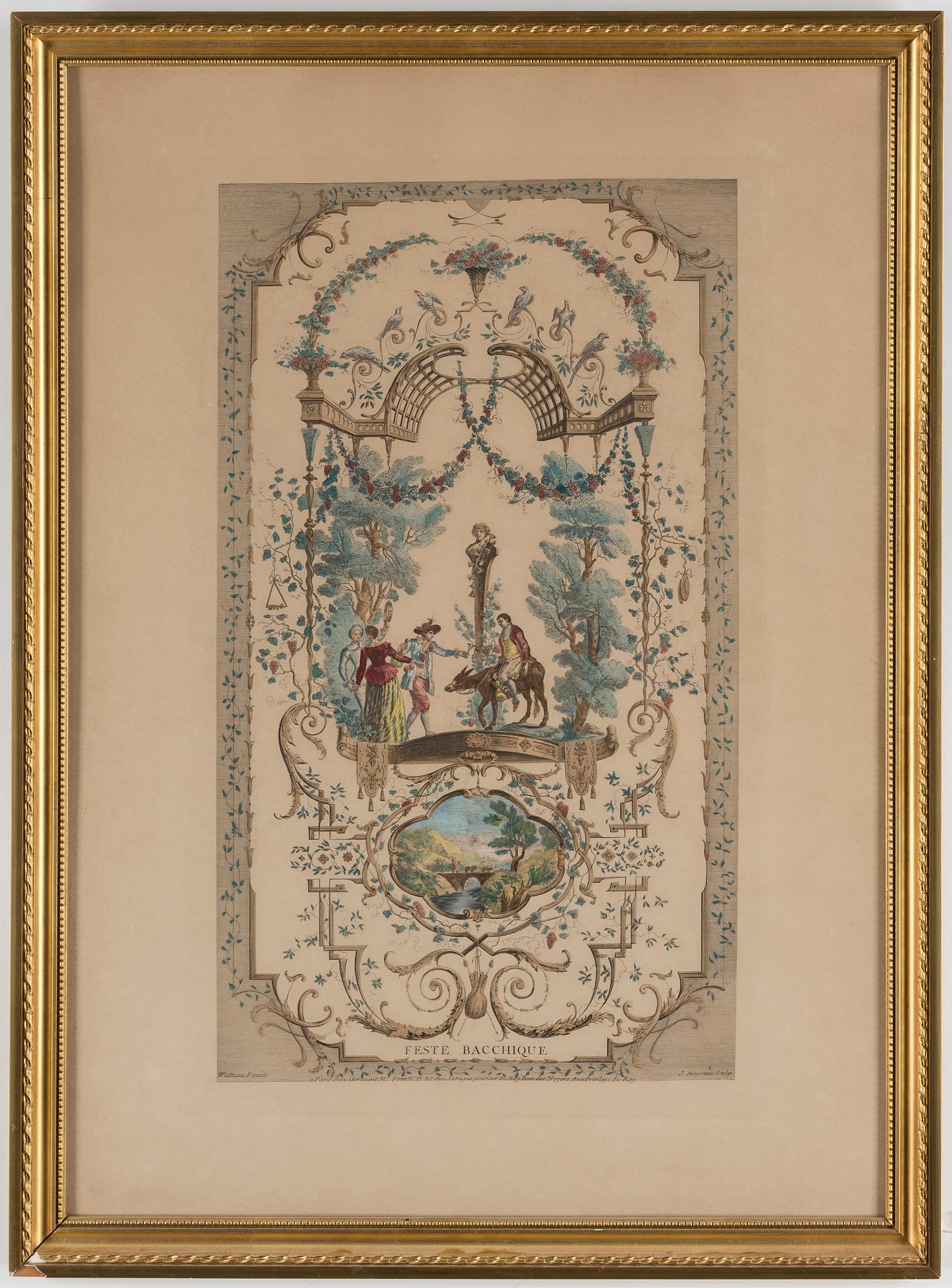 JEAN-ANTOINE WATTEAU, after. Two hand coloured 19th Century engravings.