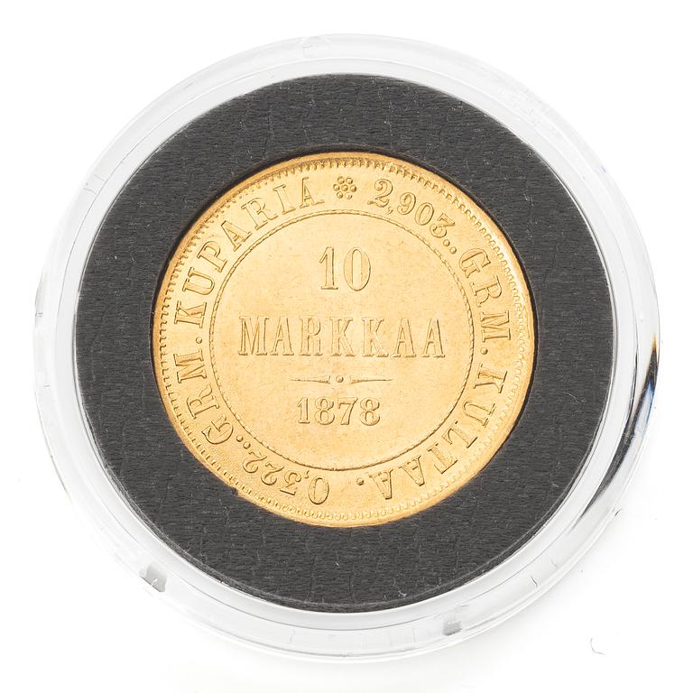 Guldmynt, Storhertigdömet Finland, Alexander II, 10 Markka 1878.