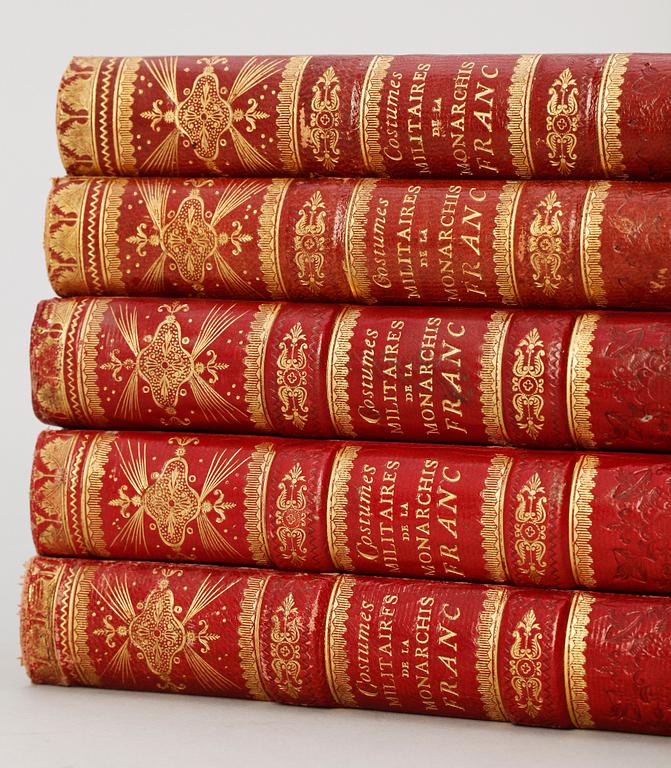 BOKVERK, 5 vol, "Costumes Civils et Militaires de la Monarchic Franc..." av Hippollyte Lecomte, Paris 1820.