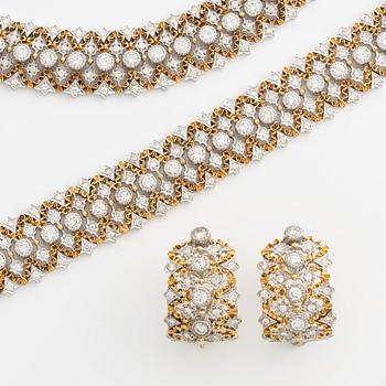 Garniture, with necklace, earrings, and bracelet, gold with brilliant-cut diamonds.