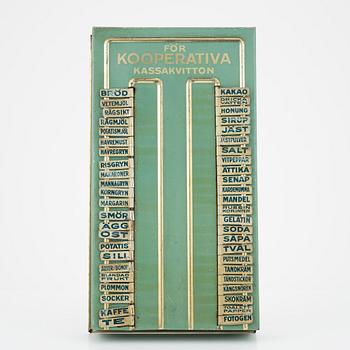 A metal shopping list from  Kooperativa förbundet, AB Hugo Brusewitz Bleckvarufabrik, Gothenburg, 1930's/40's.