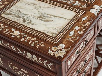 A Chinese writng desk with stone placques and mother of pearl inlay, late Qing dynasty.