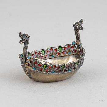 A norwegian silver and window enamelling salt cellar, mark of David Andersen, Oslo circa 1900.