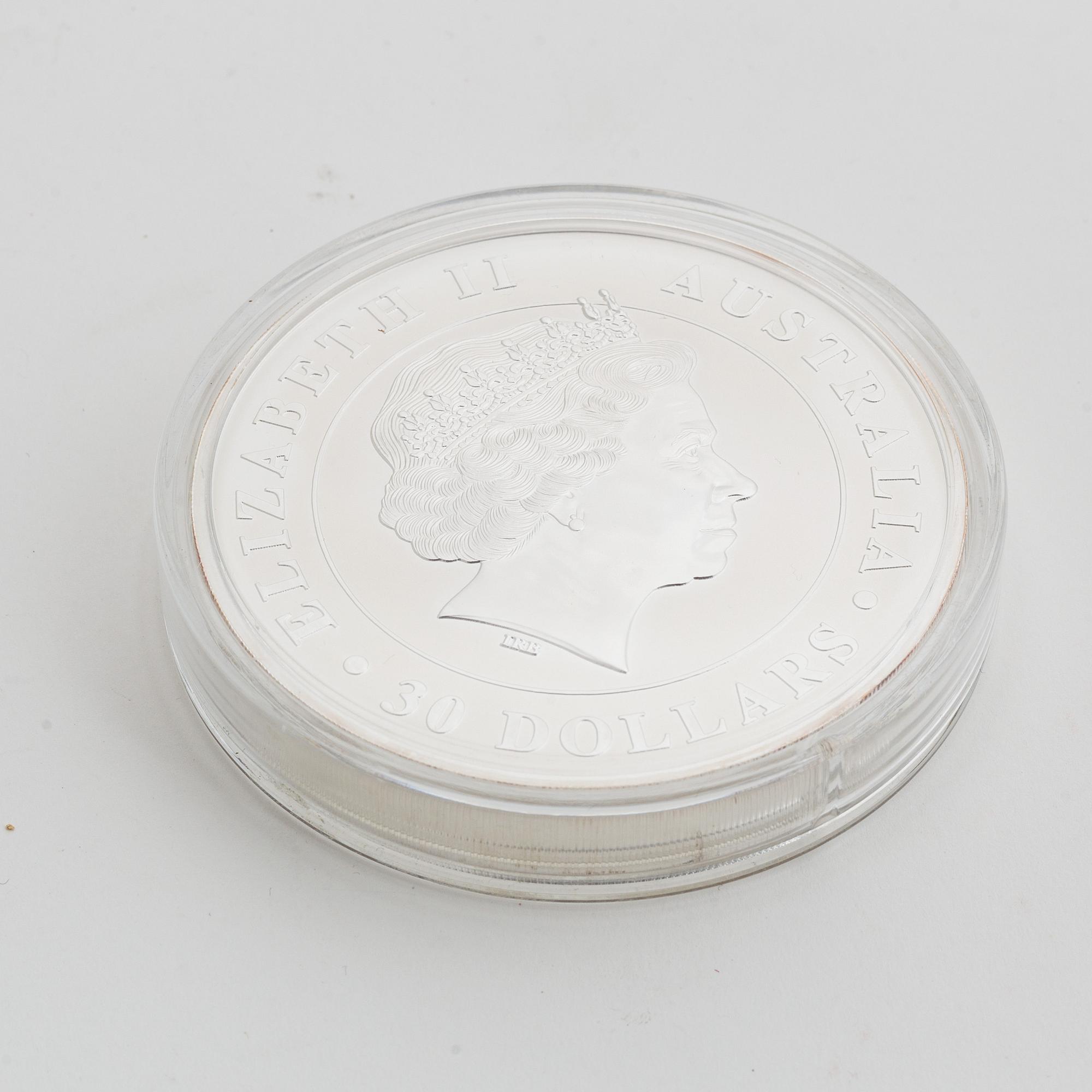 A silver coin, 30 dollars, Australia, 2011, silver 999, Weight 1 kg.