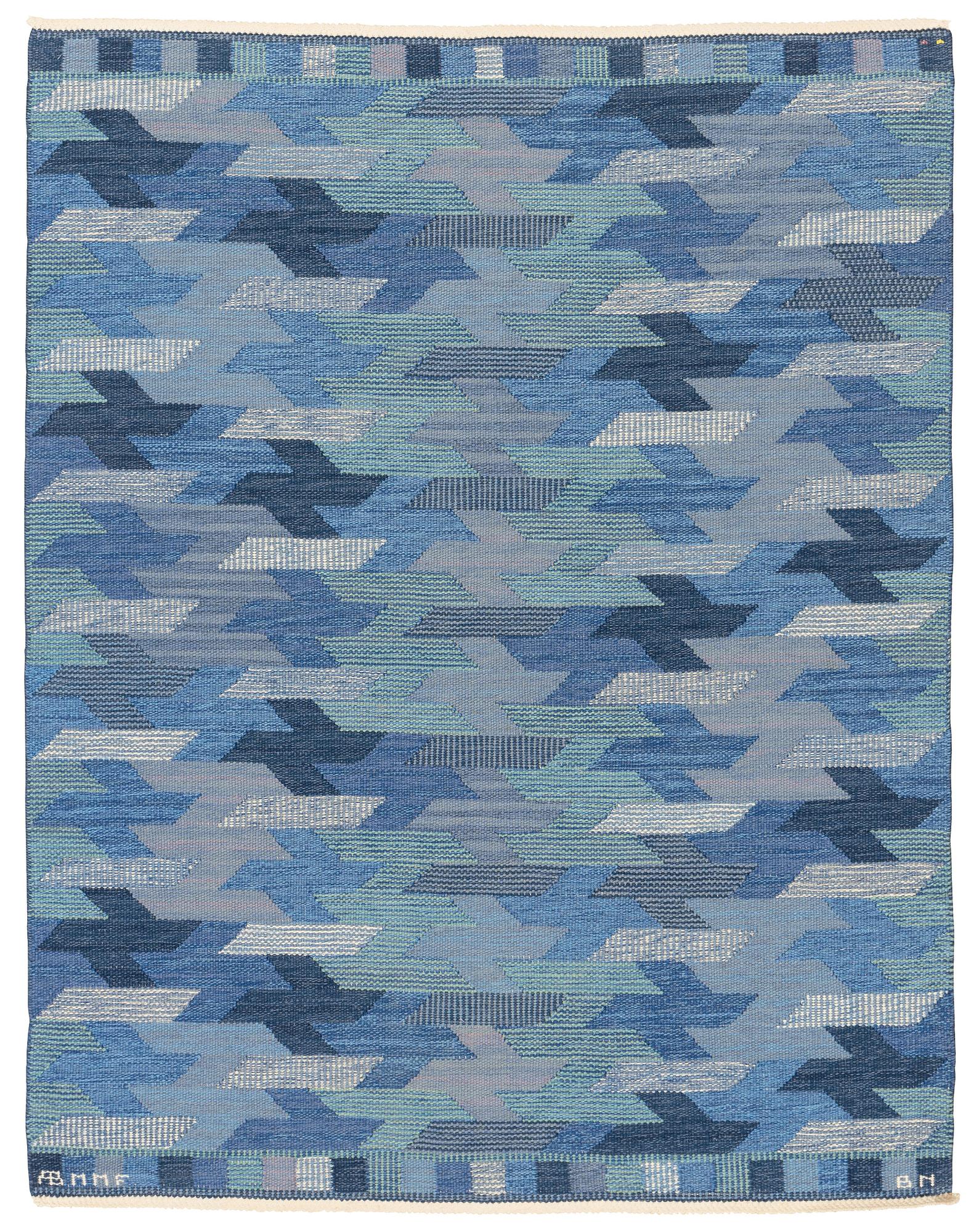 Barbro Nilsson, matta, "Blåarp", gobelängteknik, ca 200 x 157 cm, signerad AB MMF BN.