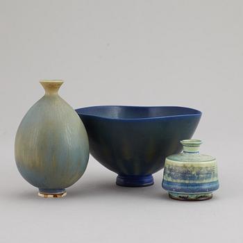 BERNDT FRIBERG, two stoneware miniature vases and a bowl, Gustavsberg studio, Sweden.