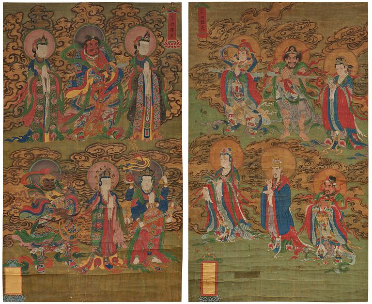 Two Chinese scroll paintings of Heavenly and Earthly Deities from the Water-Land Ritual, late Qing dynasty.