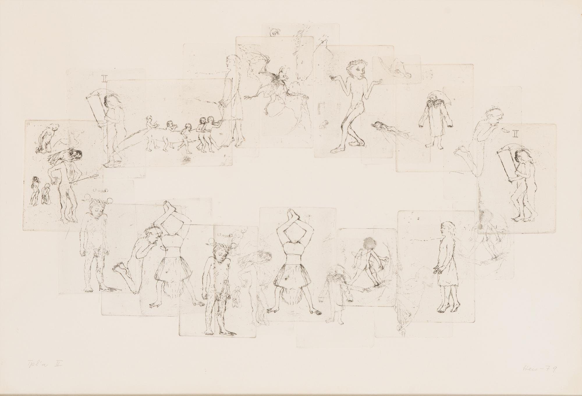 Outi Heiskanen, kompiisi / etsauksia, signeerattu ja päivätty -79, numeroitu Tpl'a II.