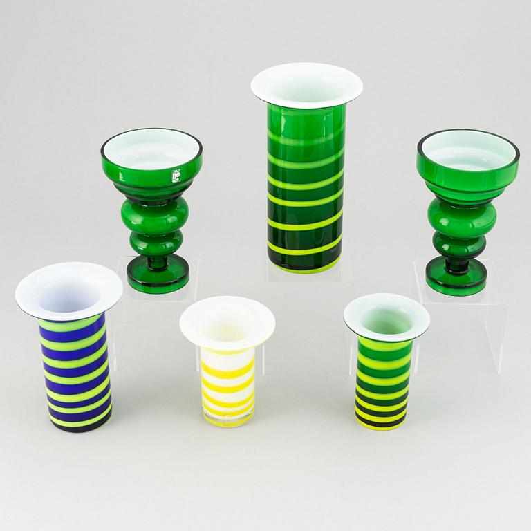 PO Ström, 6 glass vases, Alsterfors Glassworks, ca 1970.