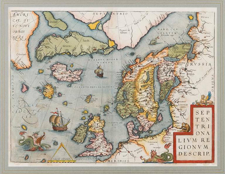 KARTTA, käsinväritetty. Abraham Ortelius:  Septentrionalium Regionum Descrip. Noin 1600.