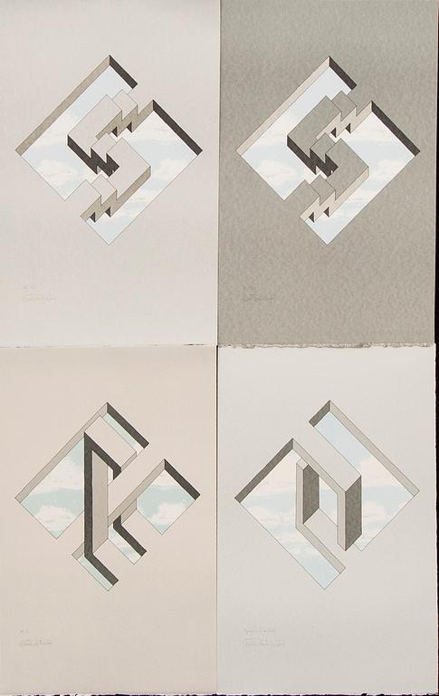 Oscar Reutersvärd, four color lithographs, signed 48/120, 31/120, EA and HC.