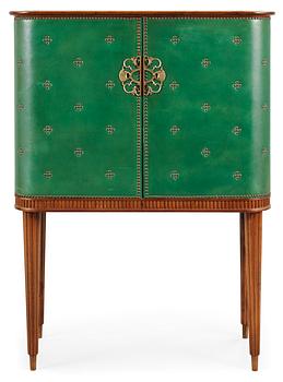 564. An Swedish bar cabinet with green leather and brass nails, unknown designer probably not Boet, 1940's.