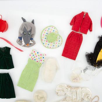 Barbie wardrobe along with clothes and accessories, 1960s, including "Barbie babysits" 1963.