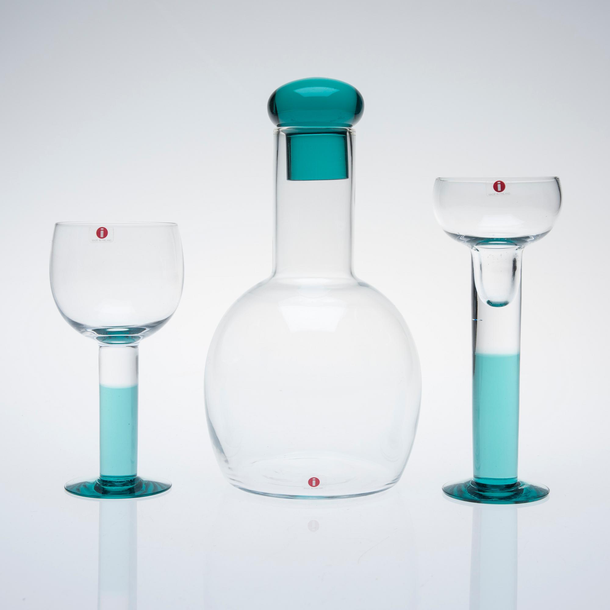 KARAFF MED PROPP, LJUSSTAKAR, ETT PAR, VITVINGLAS, 6 st, glas, Kerttu Nurminen, Notsjö, 1900-talets senare hälft.