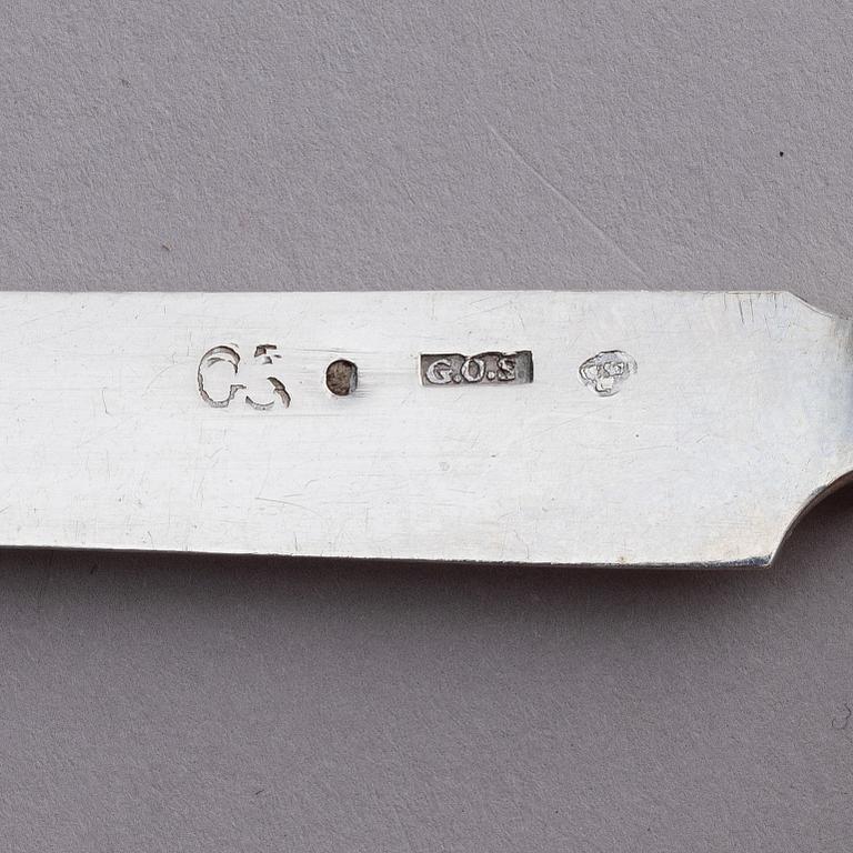 A Swedish parcel-gilt silver and filigree four-piece travel cutlery set, marks of Gustaf Otto Sjöberg, Falun 1813.