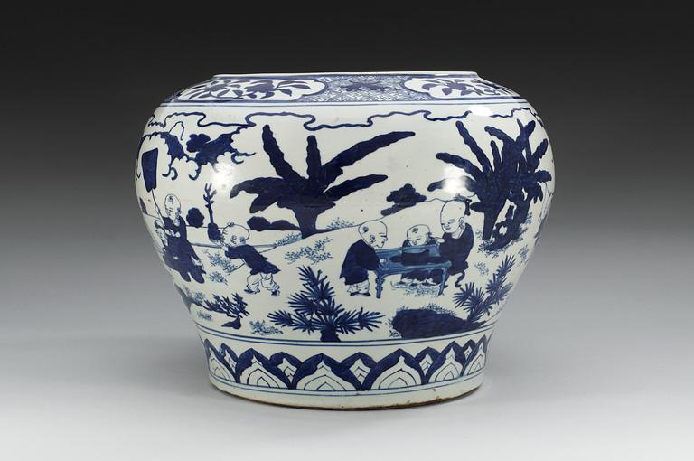 A large blue and white 'boys' jar, Ming dynasty, Jiajing´s six characters mark and of the period (1522-1566).