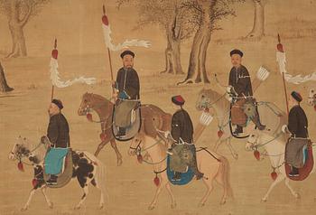A large hand scroll of an imperial hunting part, Qing dynasty.