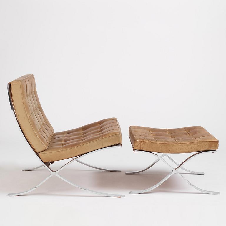 Ludwig Mies van der Rohe, a "Barcelona" easy chair and ottoman, Knoll, 1970s.