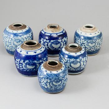 Six blue and white jars, Qing dynasty, 19th century.