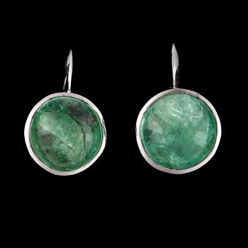 30. A pair of cabochon-cut green beryl earrings.