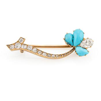 491. A gold brooch with turquoise and old-cut diamonds, C.E. Bolin, St  Petersburg 1860-1875, workmaster Robert Schwan.
