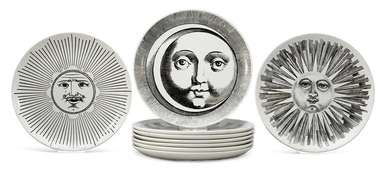 PIERO FORNASETTI, tallrikar, 9 st, "Sun and Moon", Milano, Italien.