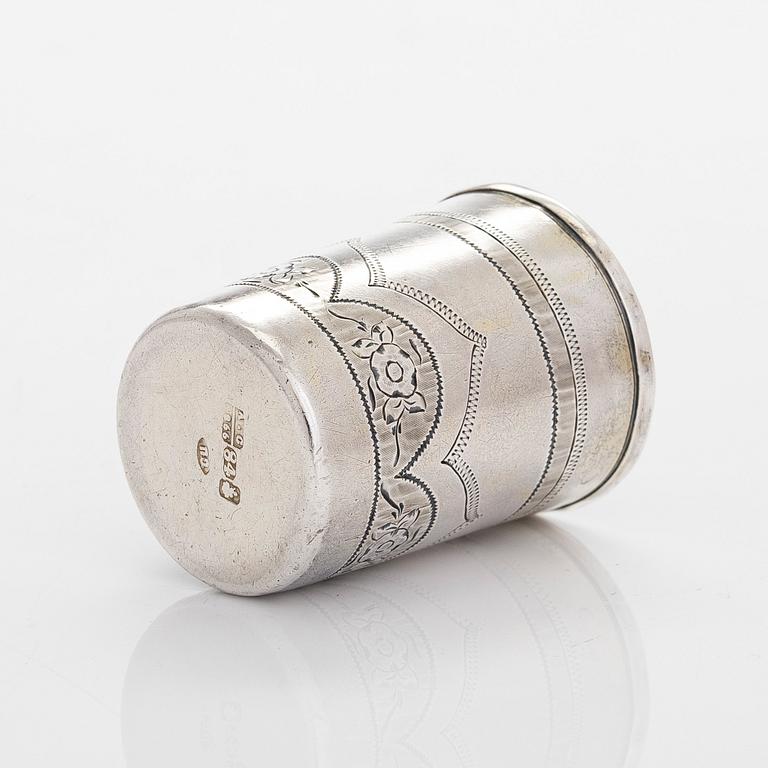 Five silver beakers, maker's mark of  P.J. Silventoinen, and a box, cup and letter opener, Russia, France and Finland.