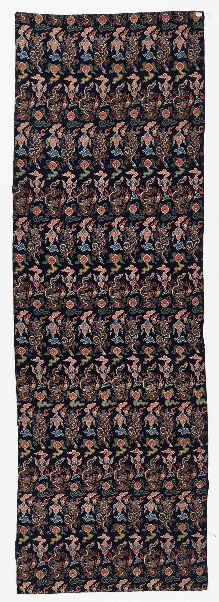 A set of three bolts of silk with 'five clawed dragons' against a midnight blue ground, Qing dynasty, 19th century.