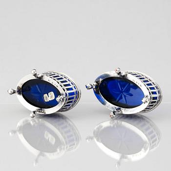 A Swedish pair of early 19th Century silver and blue glass salt cellars, mark of Pehr Zethelius, Stockholm 1808.