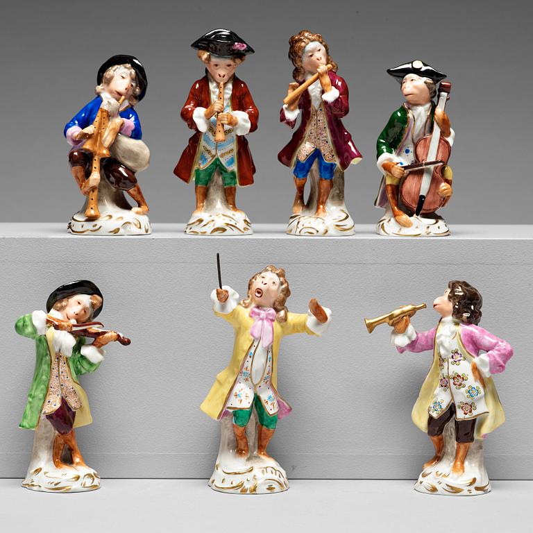 A group of seven 'Affenkapelle' porcelain figurines, Germany, Sitzendorf,  20th Century.