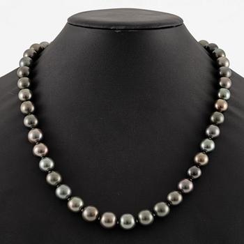A necklace with cultured Tahitian pearls.