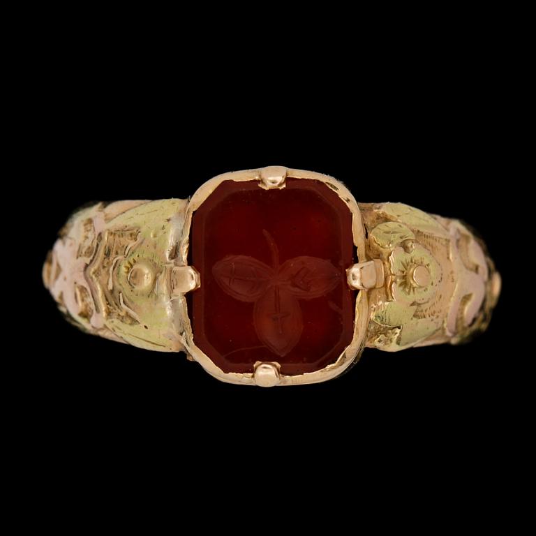 RING, 18 k guld, agat. Carl Tengstedt, Göteborg, 1834. Vikt ca 3 g.