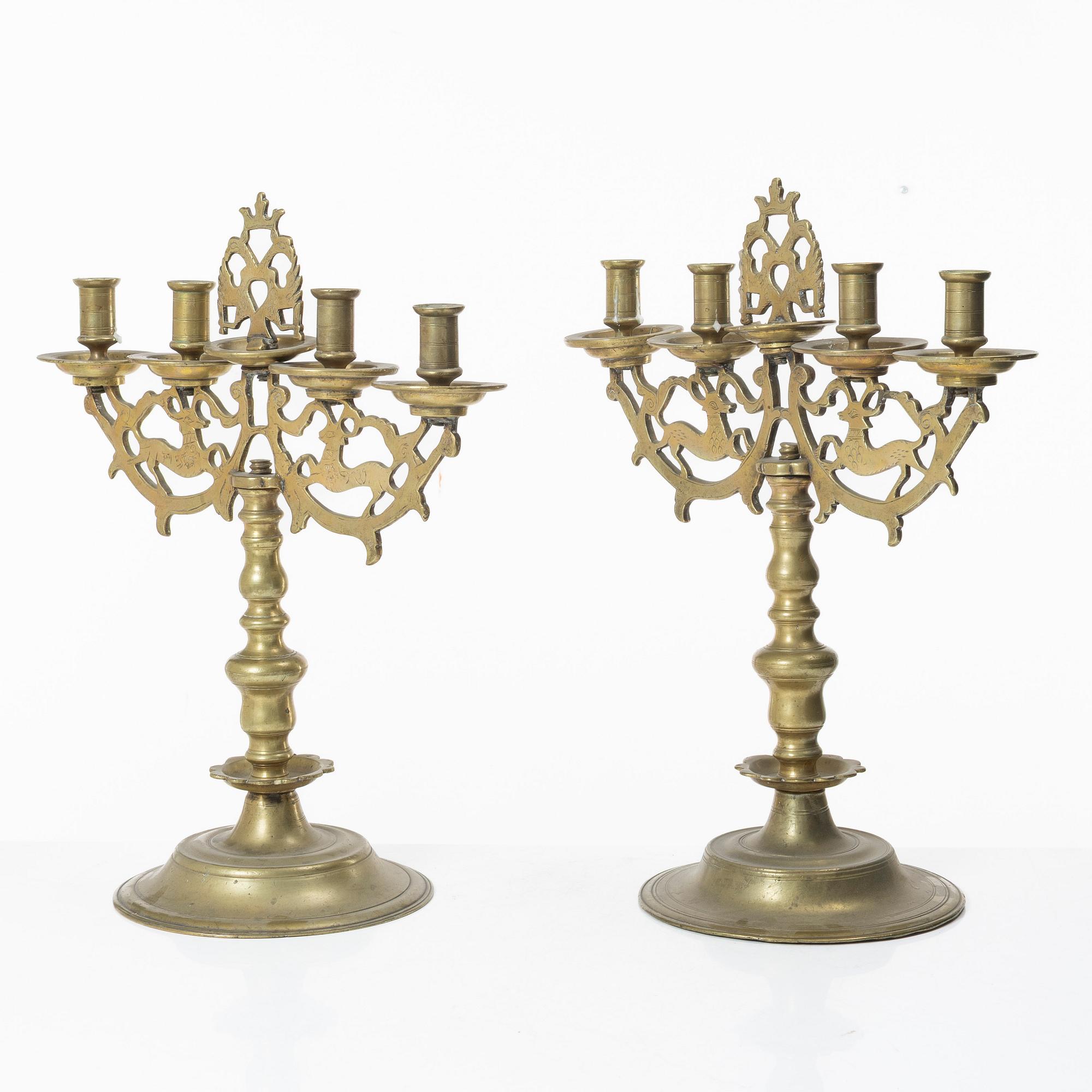 A pair of Baroque style brass candelabras, 20th century.