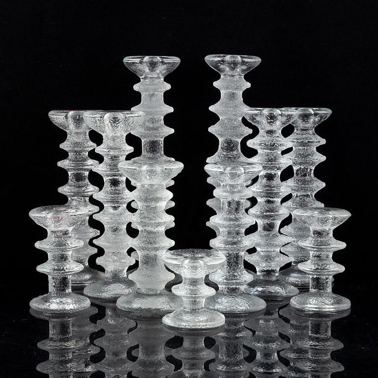 Timo Sarpaneva, a set of five glass candle sticks, 'Festivo', Iittala, Finland. Designed 1966.