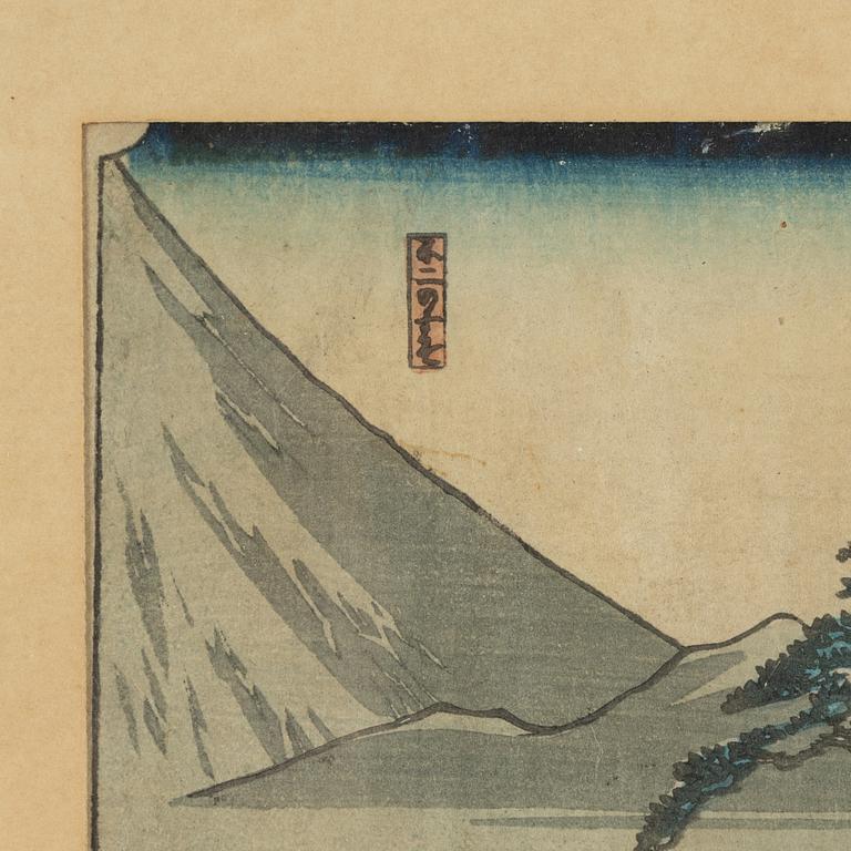 Katsushika Hokusai, efter, och Ando Utagawa Hiroshige, färgträsnitt, 2st, Japan, 18/1900-tal.