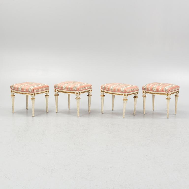 An assembled suite of four late gustavian stools by J. Lindgren and E. Ståhl, Stockholm circa 1800.