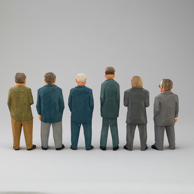 Six signed, carved and painted wood figurines by Sven Gunnarsson, third quarter of the 20th century.