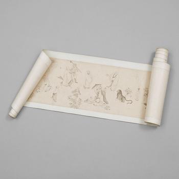 A handscroll depicting eighteen Lohans, attributed to Gai Qi (Yuhu waishi, 1774-1829).