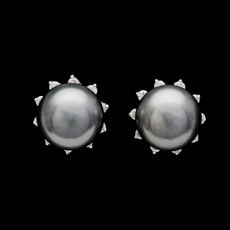 EARRINGS, cultured Tahitipearls, 10,5 mm with brilliant cut diamonds, tot. app. 0.45 cts.