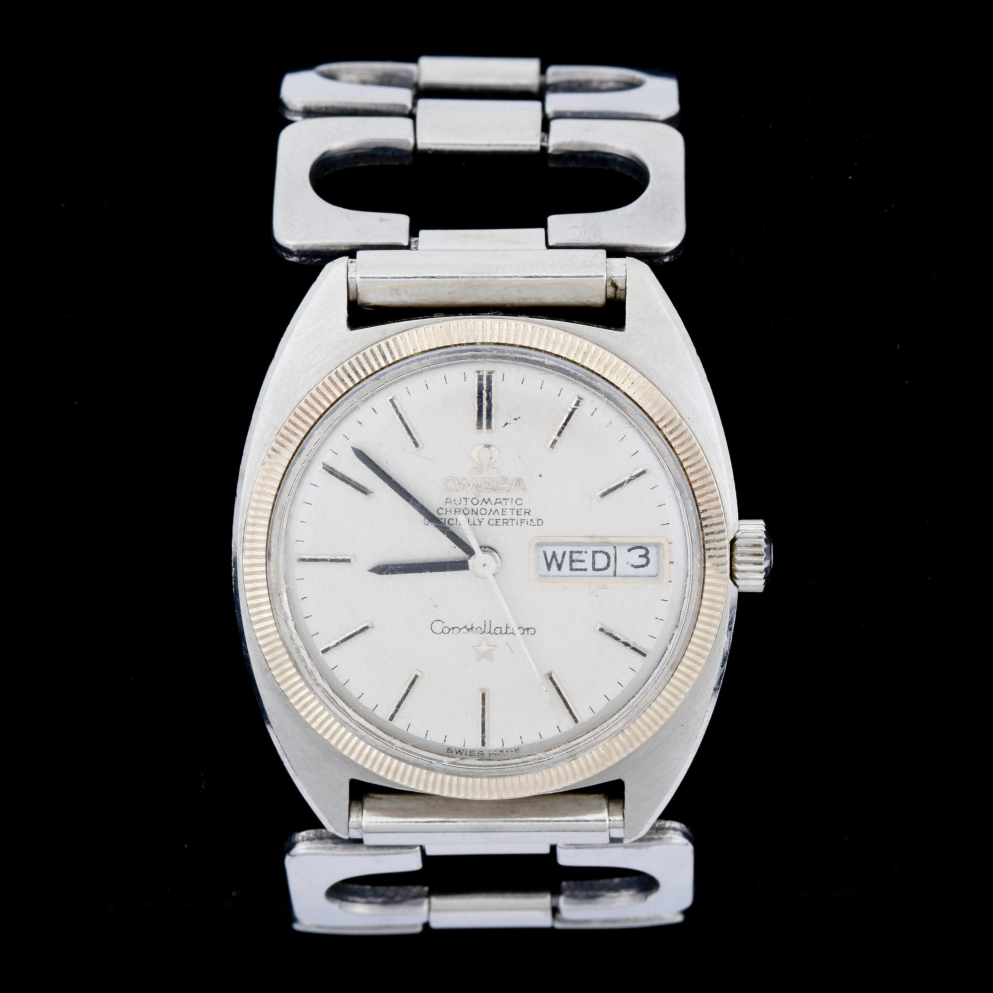 ARMBANDSUR, herr, Omega, Constellation, Chronometer, Automatic, kalender, stål, 1960/70-tal.