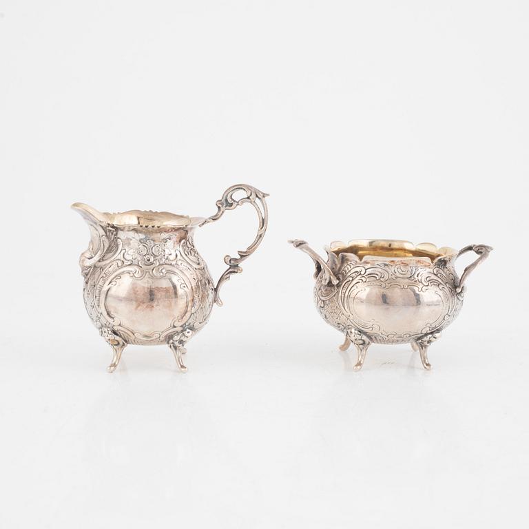 Gewe Guld & Silver Ab, a Rococo-Style Silver Sugar Bowl, Creamer, and Tray, Malmö 1955.