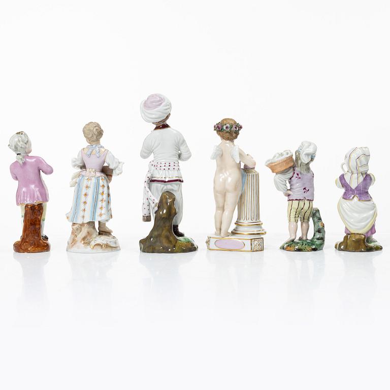 Six porcelain figurines, including Meissen and Höscht, Germany, 19th-20th century.