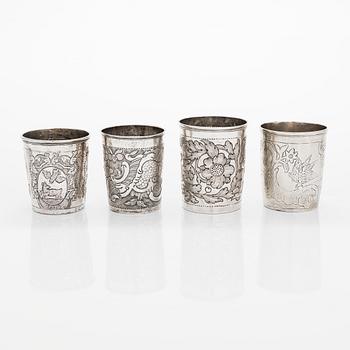 Four Russian silver beakers, Moscow, mid-18th century to 1775.