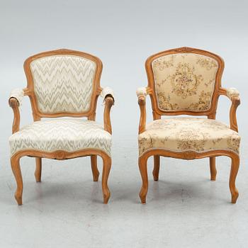 Armchairs, a pair, Rococo style, Taserud, Arvika, Sweden, mid 20th Century.