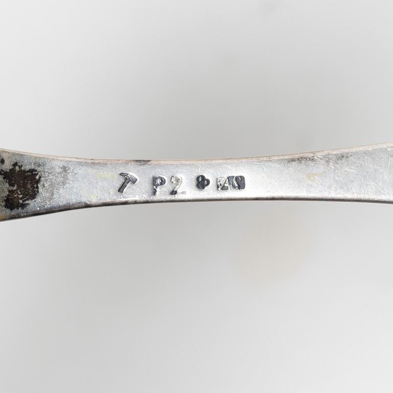 Five silver spoons, England and Sweden, 18th century.