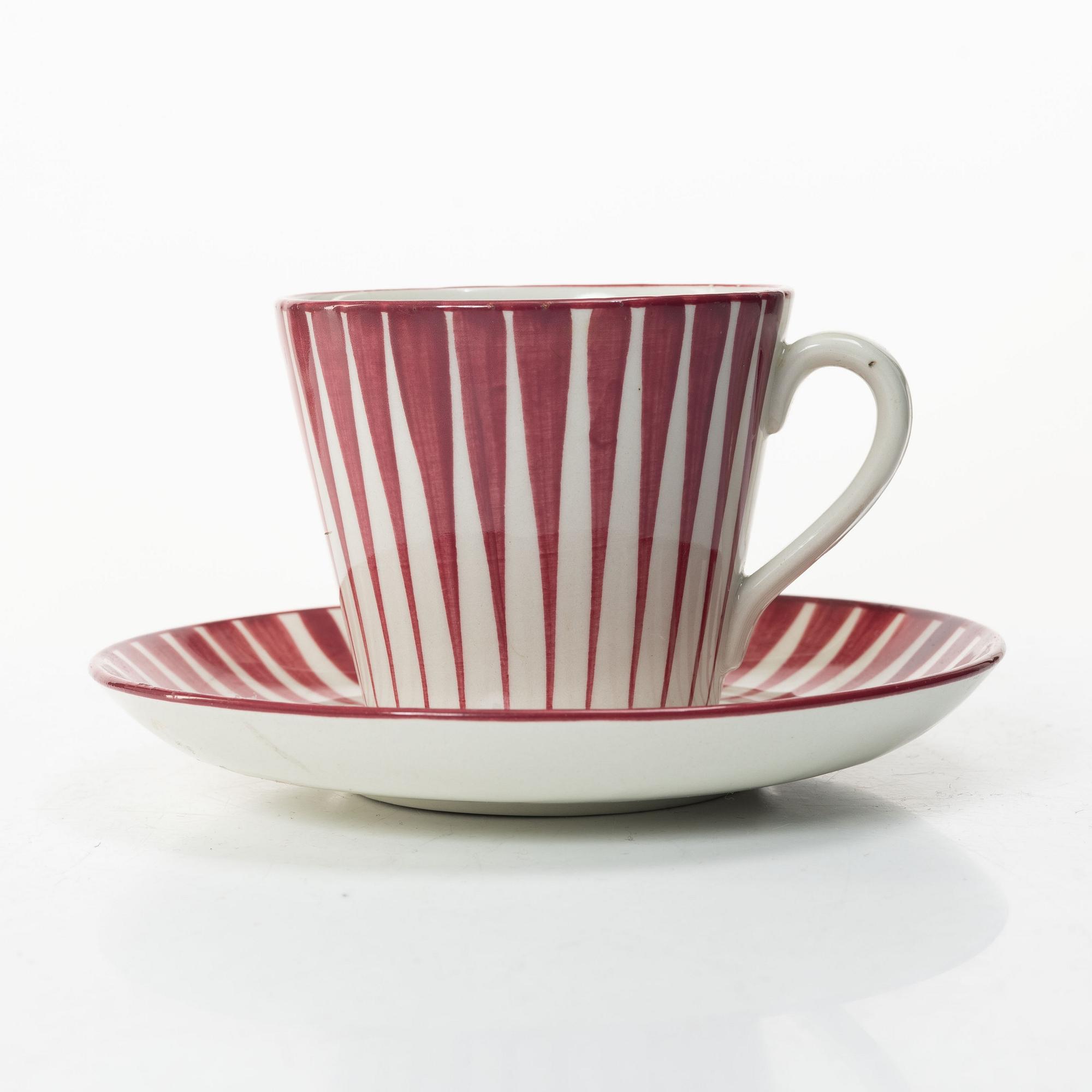 Eugen Trost, Three 'Red Zebra' cream-ware coffee cups on saucers, Uppsala-Ekeby Gefle.