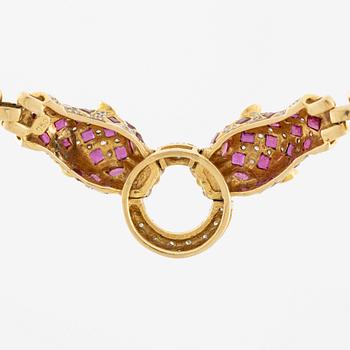 Necklace, 18K gold in the form of a panther with diamonds and rubies.