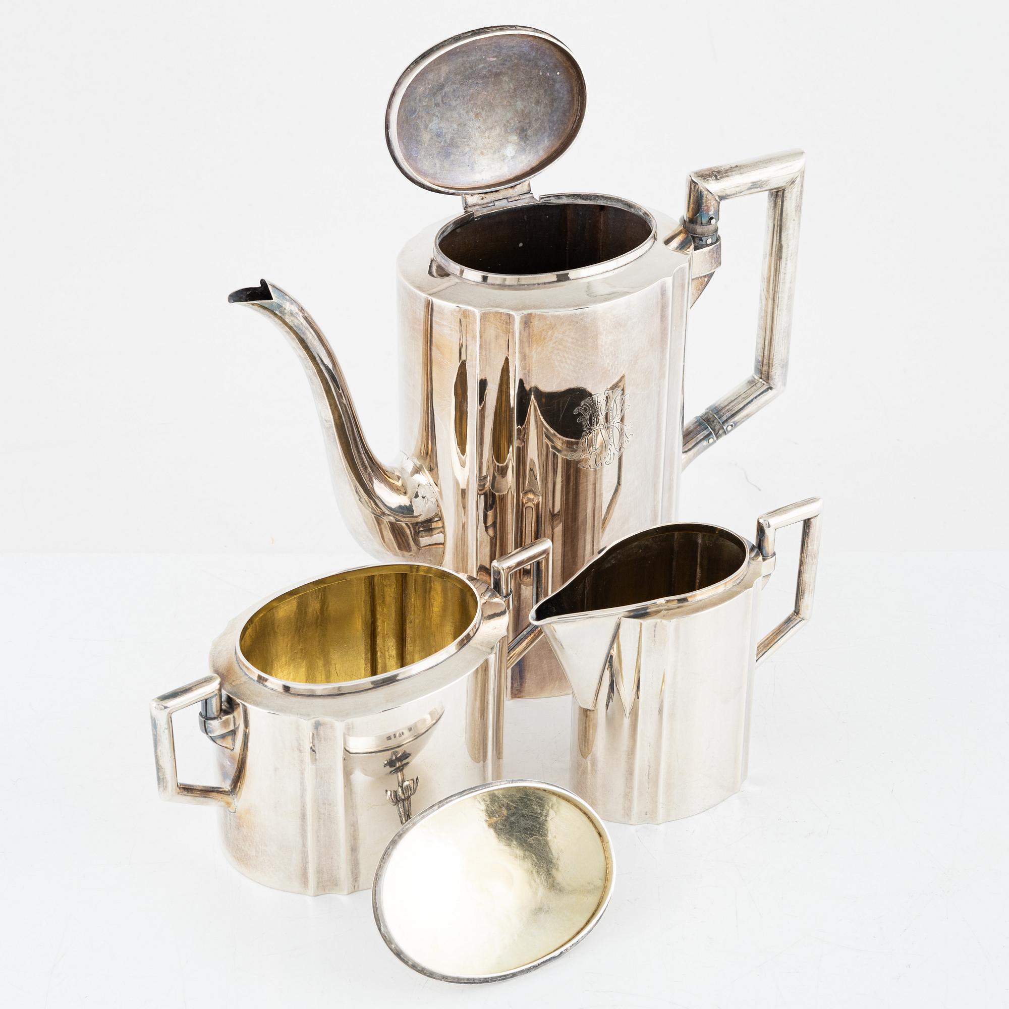 Sanfrid Svensson, kaffeservis, 3 delar, silver, Lidköping, 1917.