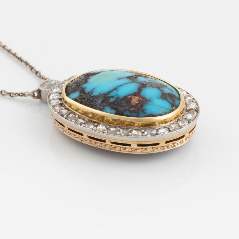 A turquoise pendant in platinum and 14K gold set with old- and rosecut diamonds.